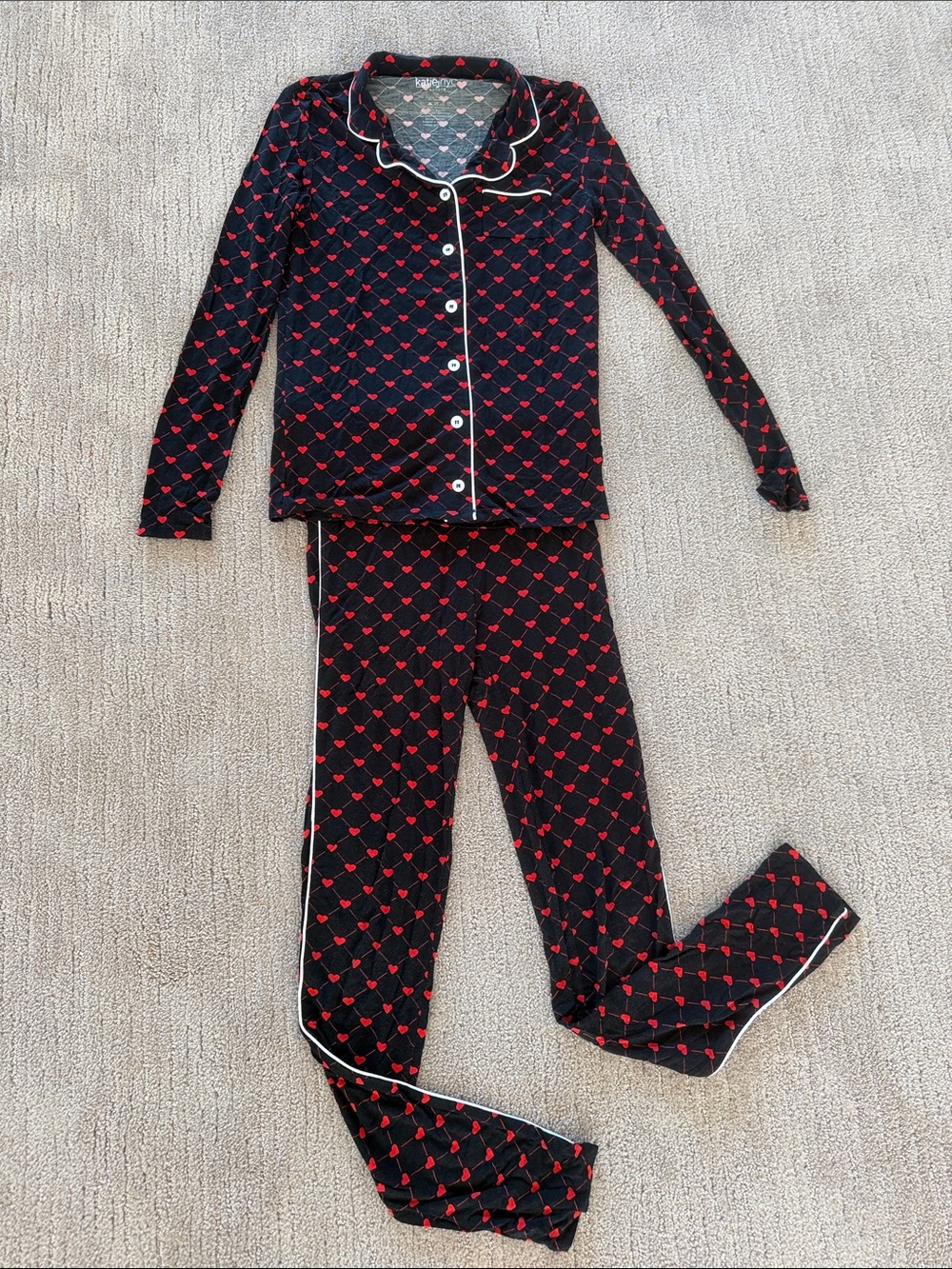 Like New Girls KatieJ NYC Black PJ Set with Red Heart Print & White Piping Sz XL